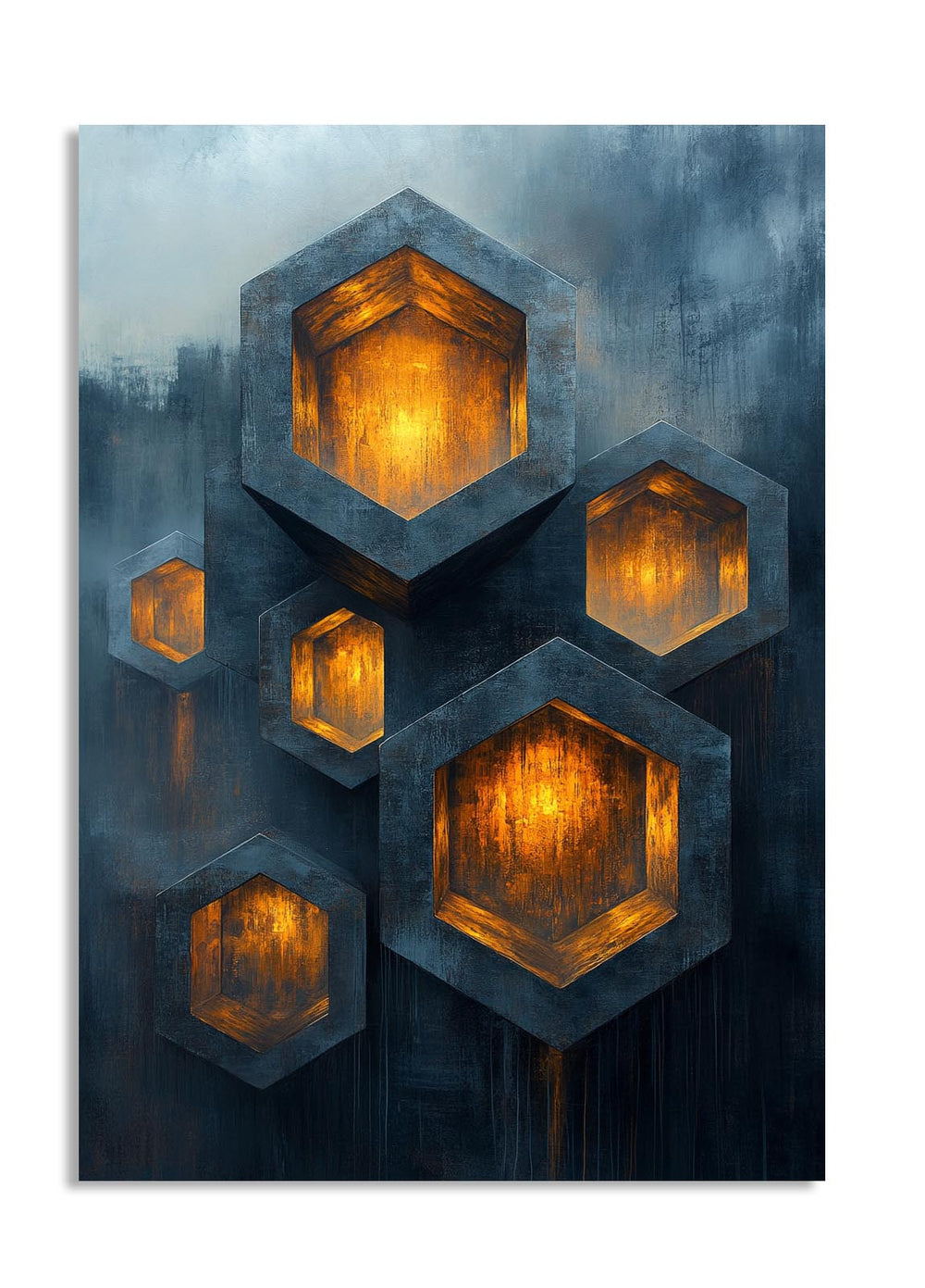 Hexagonal light fixtures with a warm glow on a dark background, as a premium aluminum metal print from GoMetalPrint.
