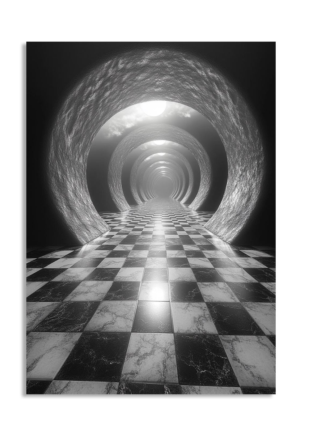 Checkered floor tunnel with marble patterns and light at the end, as a premium aluminum metal print from GoMetalPrint.
