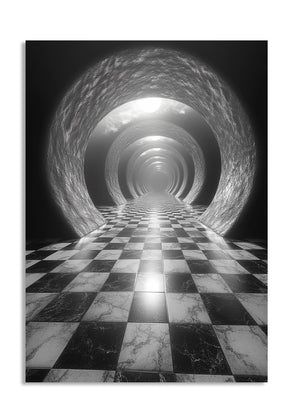 Checkered floor tunnel with marble patterns and light at the end, as a premium aluminum metal print from GoMetalPrint.
