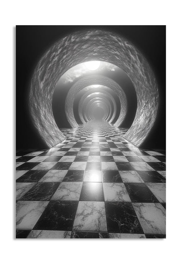 Checkered floor tunnel with marble patterns and light at the end, as a premium aluminum metal print from GoMetalPrint.
