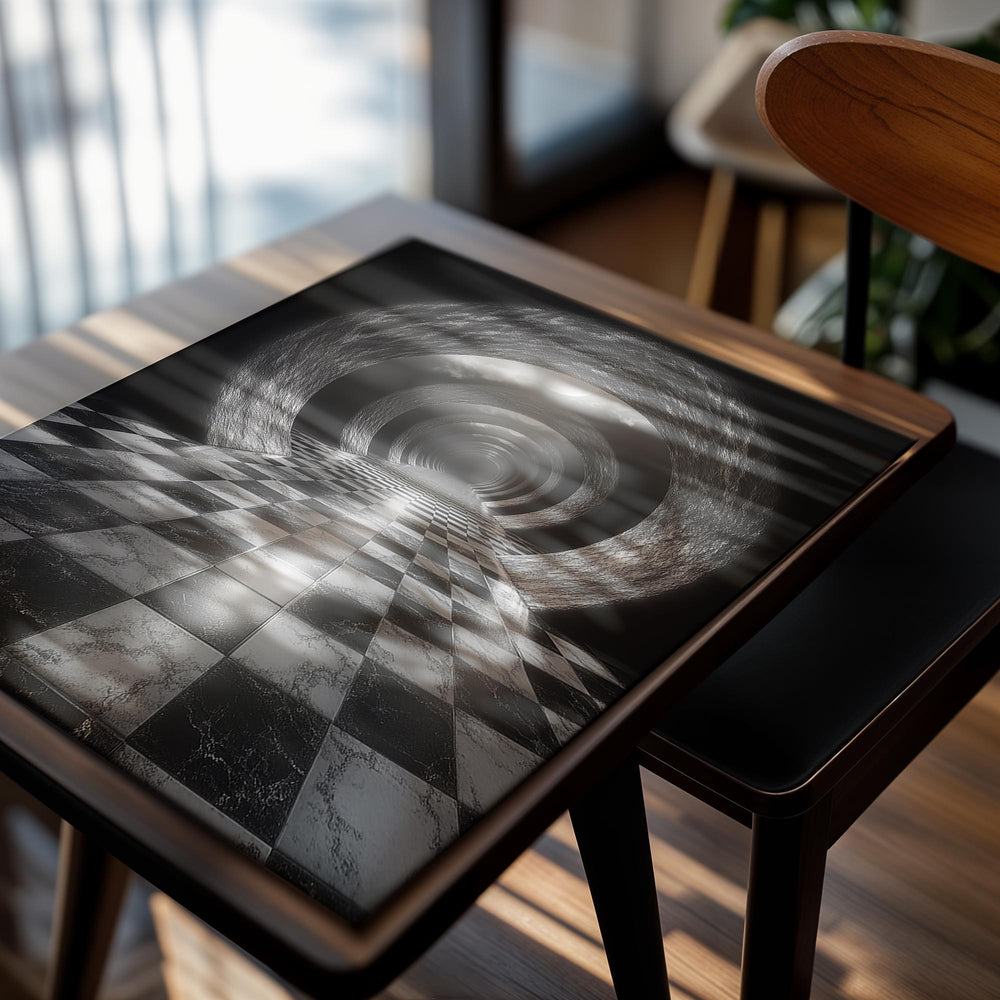 Checkered floor tunnel with marble patterns and light at the end, as a premium aluminum metal print from GoMetalPrint.
