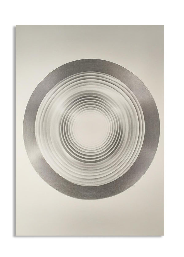 Abstract art piece with concentric circles on a beige background, as a premium aluminum metal print from GoMetalPrint.
