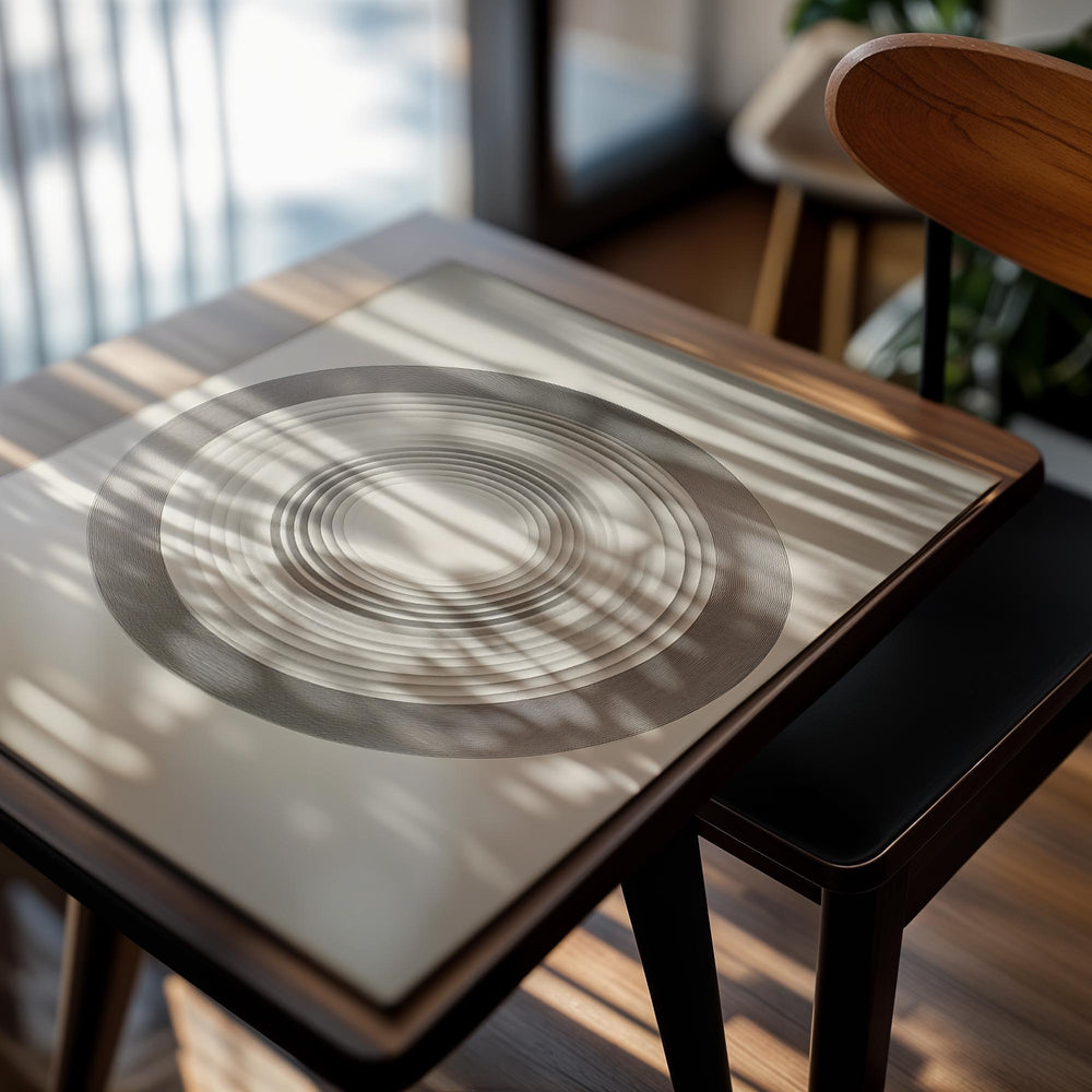 Abstract art piece with concentric circles on a beige background, as a premium aluminum metal print from GoMetalPrint.
