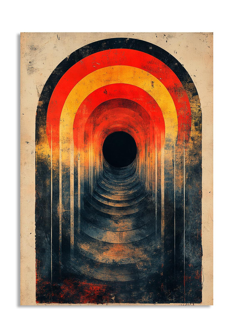 Abstract art print of a tunnel with concentric circular arches in red, orange, and black on a textured beige background, as a premium aluminum metal print from GoMetalPrint.

