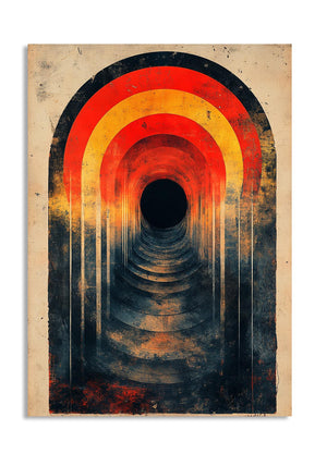 Abstract art print of a tunnel with concentric circular arches in red, orange, and black on a textured beige background, as a premium aluminum metal print from GoMetalPrint.
