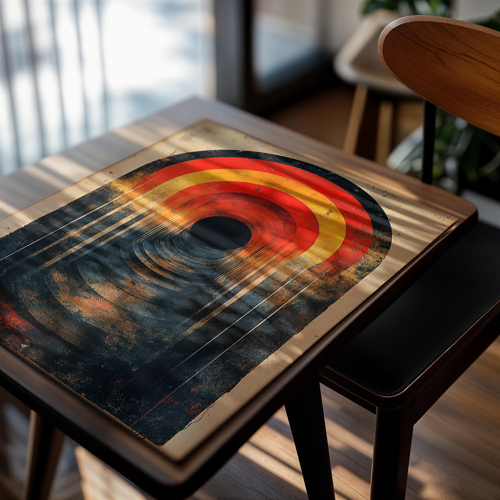 Abstract art print of a tunnel with concentric circular arches in red, orange, and black on a textured beige background, as a premium aluminum metal print from GoMetalPrint.
