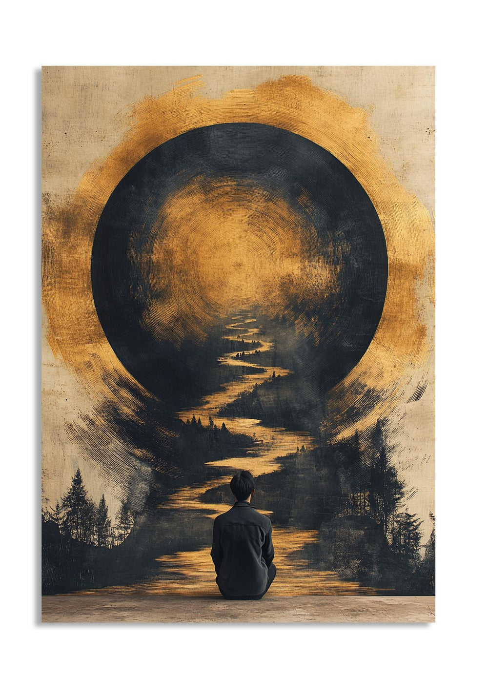 Person sitting on a path under a large moon-like circle in a forest setting, as a premium aluminum metal print from GoMetalPrint.

