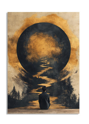 Person sitting on a path under a large moon-like circle in a forest setting, as a premium aluminum metal print from GoMetalPrint.
