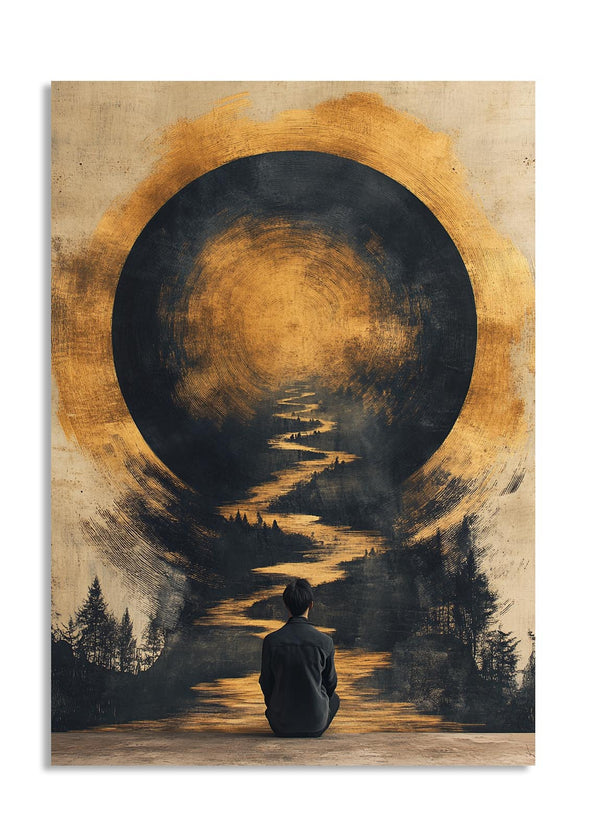 Person sitting on a path under a large moon-like circle in a forest setting, as a premium aluminum metal print from GoMetalPrint.
