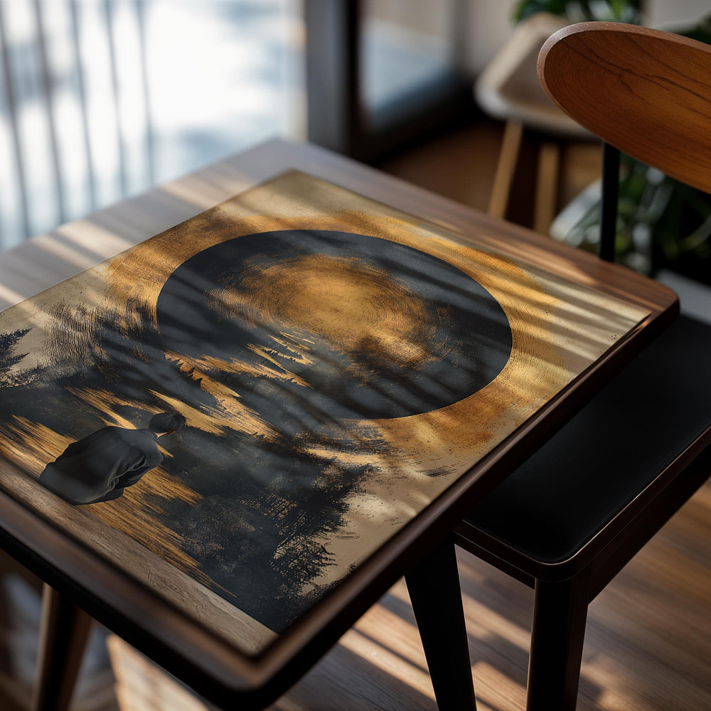 Person sitting on a path under a large moon-like circle in a forest setting, as a premium aluminum metal print from GoMetalPrint.

