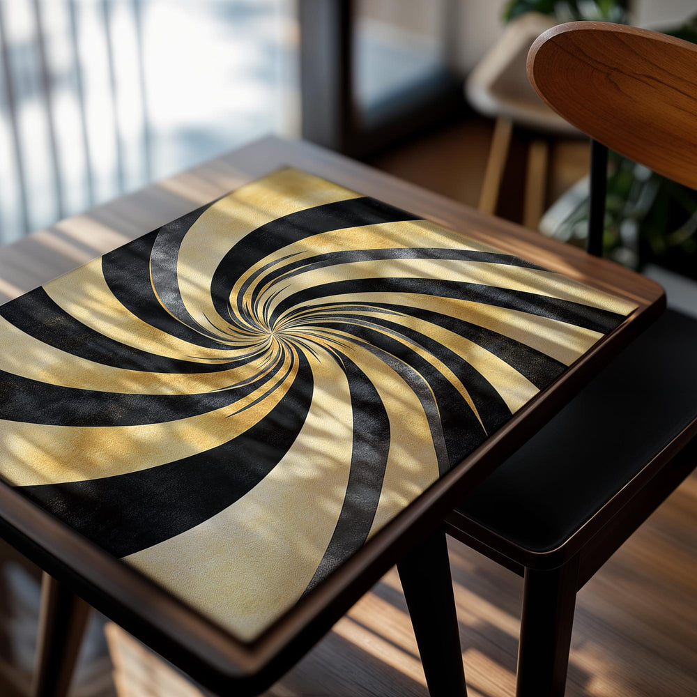 Black and gold spiral design on a white background, as a premium aluminum metal print from GoMetalPrint.
