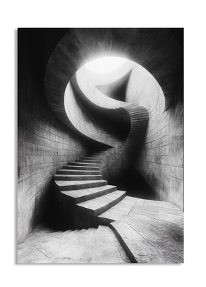 Black and white spiral staircase in a tunnel-like structure, as a premium aluminum metal print from GoMetalPrint.
