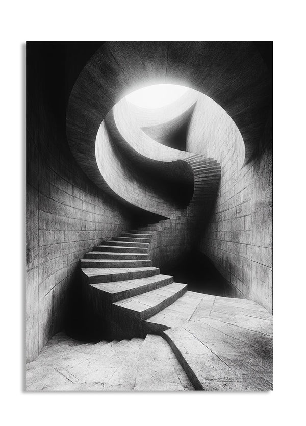 Black and white spiral staircase in a tunnel-like structure, as a premium aluminum metal print from GoMetalPrint.
