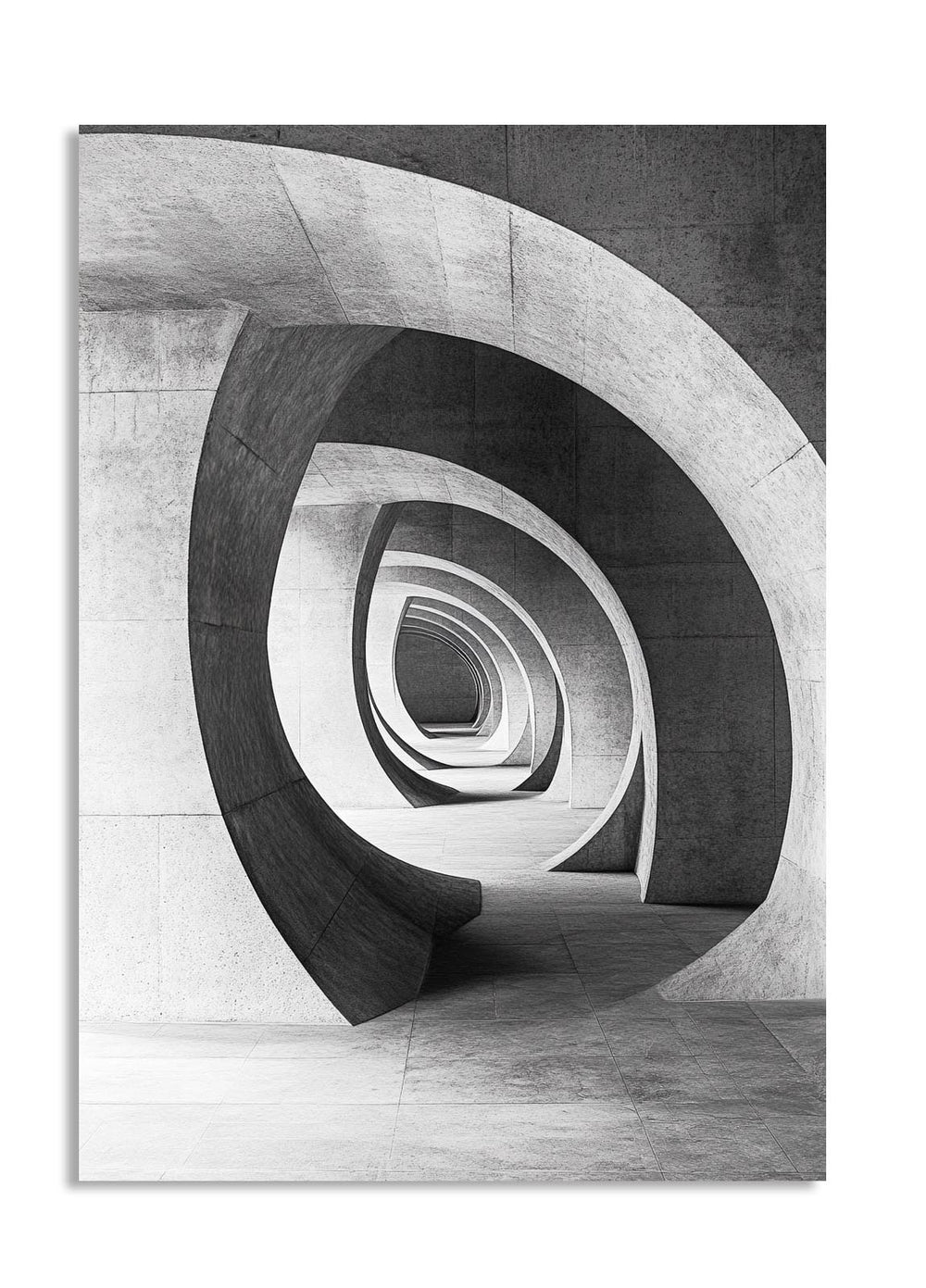 Black and white spiral architectural design, as a premium aluminum metal print from GoMetalPrint.
