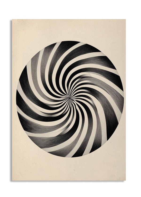 Black and white spiral design on a beige background, as a premium aluminum metal print from GoMetalPrint.
