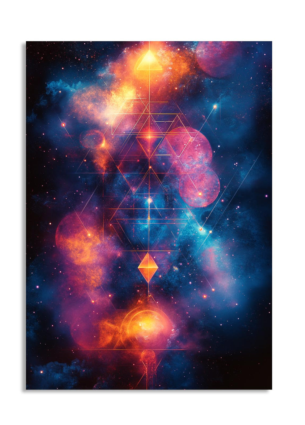 Colorful abstract design with geometric shapes and cosmic elements on a dark background, as a premium aluminum metal print from GoMetalPrint.
