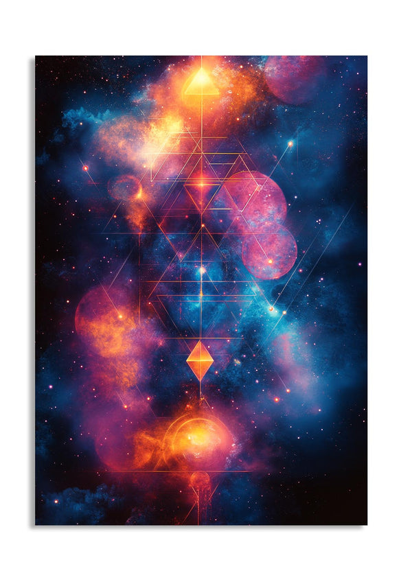 Colorful abstract design with geometric shapes and cosmic elements on a dark background, as a premium aluminum metal print from GoMetalPrint.
