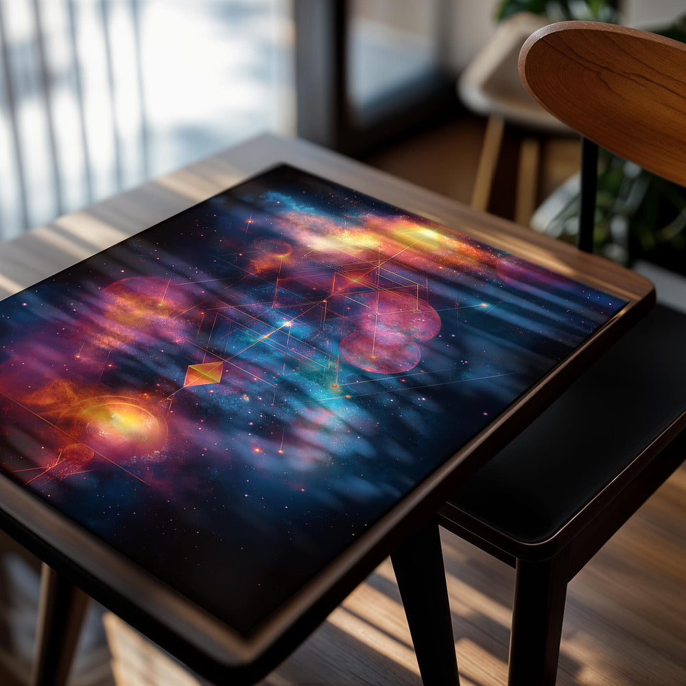 Colorful abstract design with geometric shapes and cosmic elements on a dark background, as a premium aluminum metal print from GoMetalPrint.
