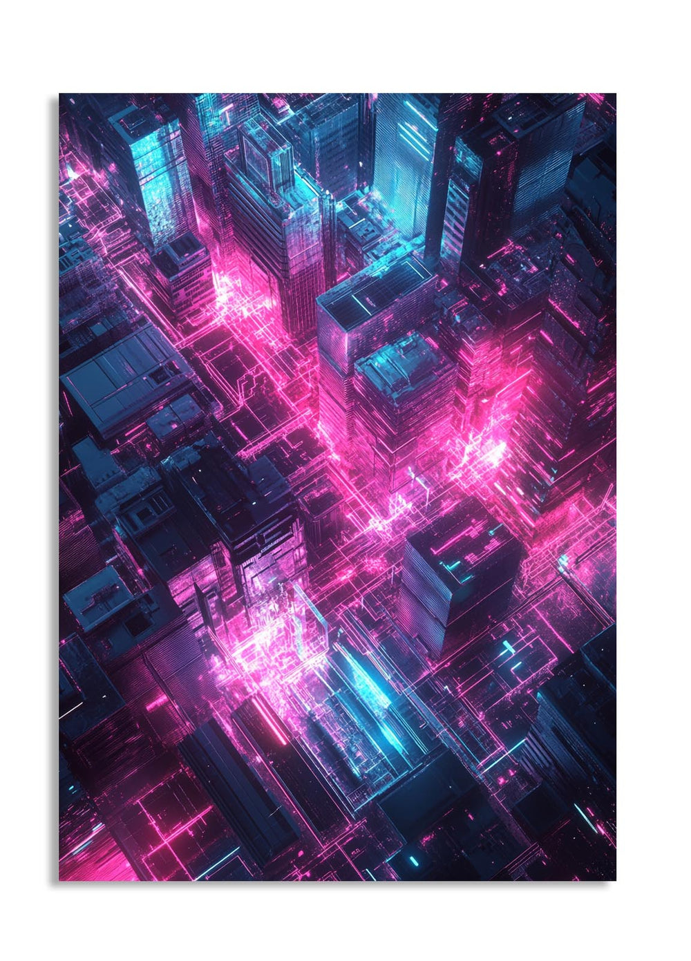Neon cityscape with pink and blue lights, as a premium aluminum metal print from GoMetalPrint.
