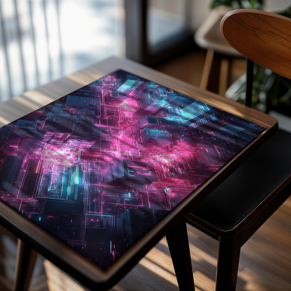 Neon cityscape with pink and blue lights, as a premium aluminum metal print from GoMetalPrint.
