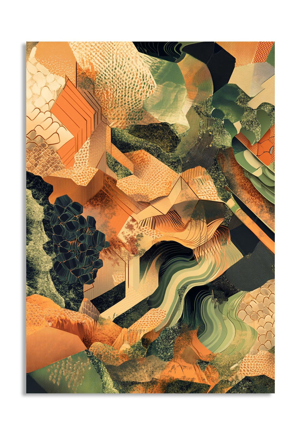 Abstract art print with geometric shapes in earthy tones on a white background, as a premium aluminum metal print from GoMetalPrint.
