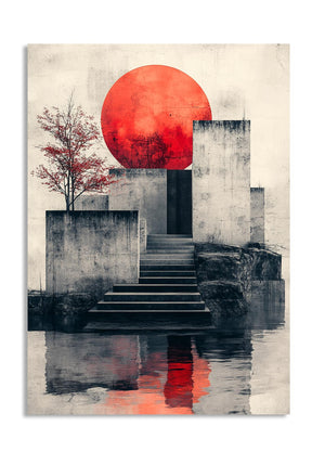 Abstract art print with a red sun, tree, and steps leading to a reflective surface, as a premium aluminum metal print from GoMetalPrint.
