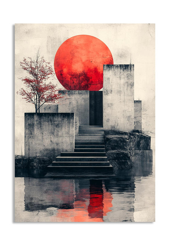 Abstract art print with a red sun, tree, and steps leading to a reflective surface, as a premium aluminum metal print from GoMetalPrint.
