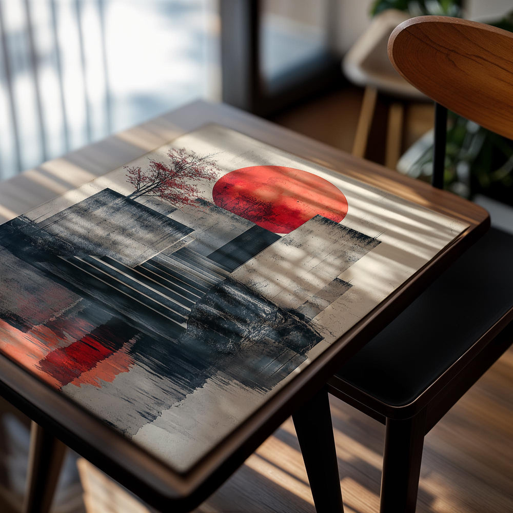 Abstract art print with a red sun, tree, and steps leading to a reflective surface, as a premium aluminum metal print from GoMetalPrint.
