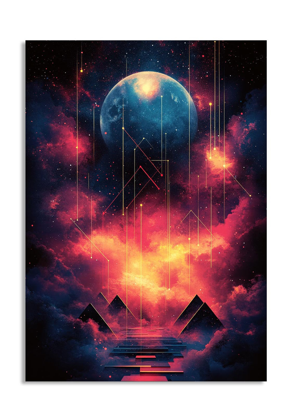 Futuristic space scene with a planet, pyramids, and abstract designs against a dark background, as a premium aluminum metal print from GoMetalPrint.
