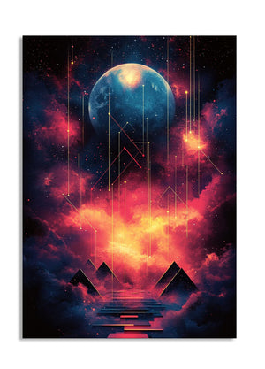 Futuristic space scene with a planet, pyramids, and abstract designs against a dark background, as a premium aluminum metal print from GoMetalPrint.
