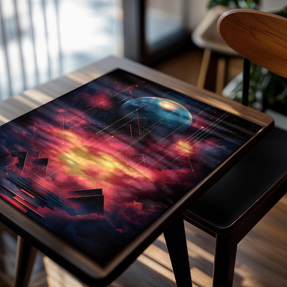 Futuristic space scene with a planet, pyramids, and abstract designs against a dark background, as a premium aluminum metal print from GoMetalPrint.

