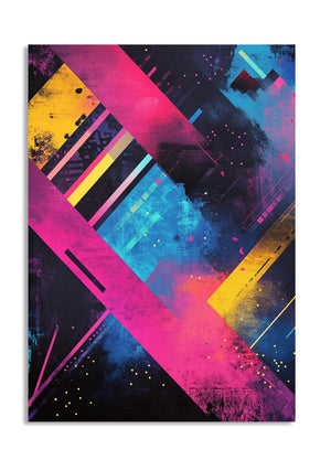 Abstract art print with pink, blue, and yellow colors on a white background, as a premium aluminum metal print from GoMetalPrint.
