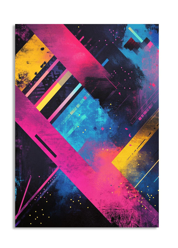 Abstract art print with pink, blue, and yellow colors on a white background, as a premium aluminum metal print from GoMetalPrint.
