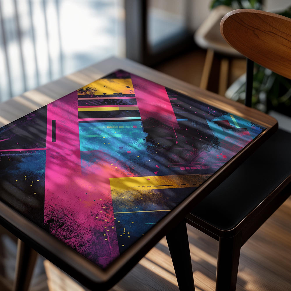 Abstract art print with pink, blue, and yellow colors on a white background, as a premium aluminum metal print from GoMetalPrint.
