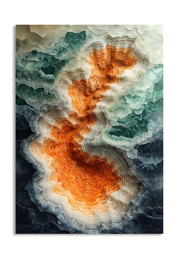 Abstract layered artwork with orange, white, and blue colors on a white background, as a premium aluminum metal print from GoMetalPrint.
