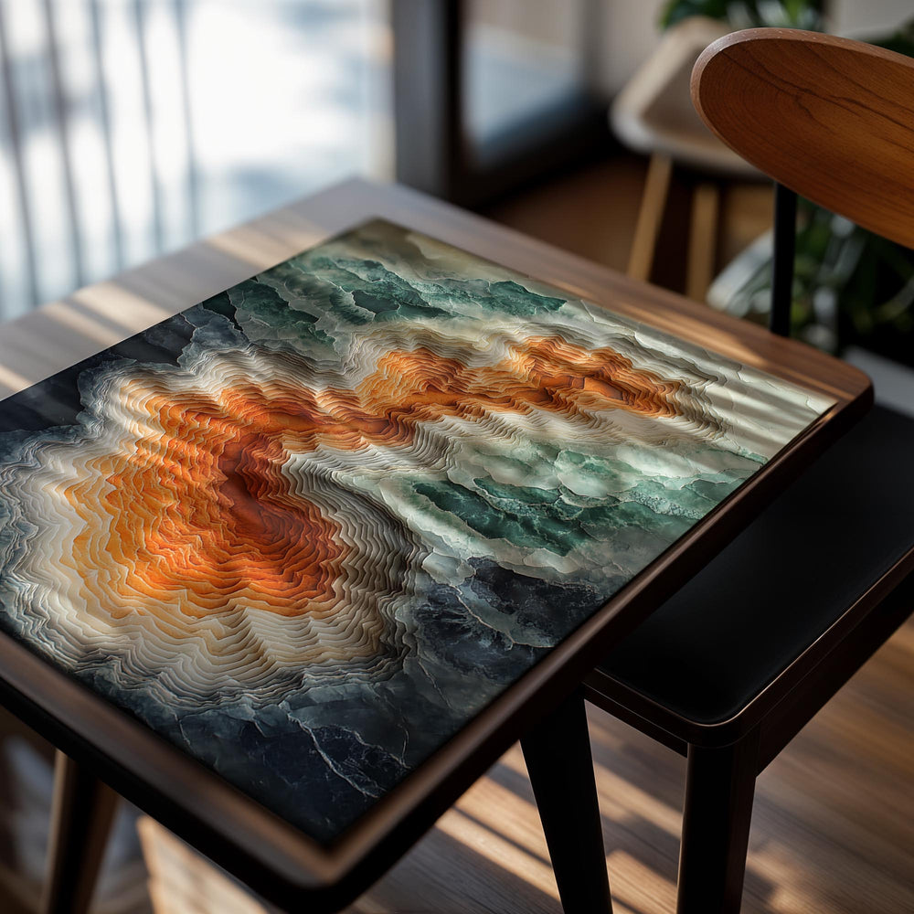 Abstract layered artwork with orange, white, and blue colors on a white background, as a premium aluminum metal print from GoMetalPrint.
