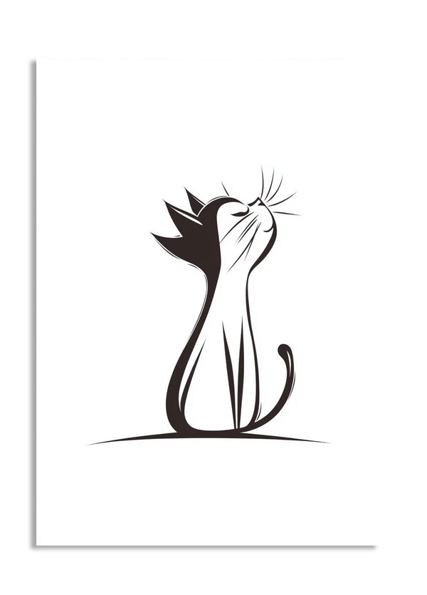 Black and white illustration of a cat with a crown on a white background, as a premium aluminum metal print from GoMetalPrint.
