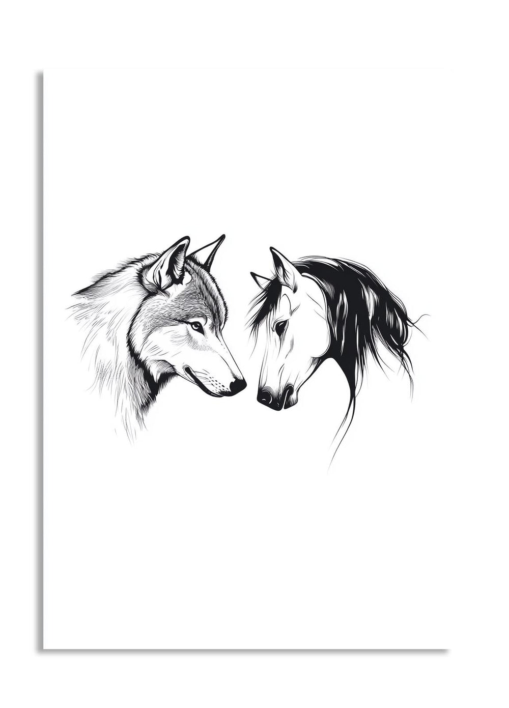 Black and white illustration of two horse heads facing each other on a white background, as a premium aluminum metal print from GoMetalPrint.
