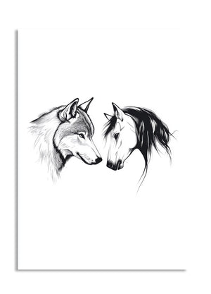 Black and white illustration of two horse heads facing each other on a white background, as a premium aluminum metal print from GoMetalPrint.
