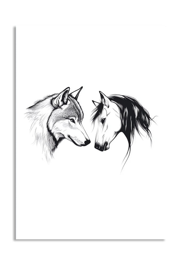 Black and white illustration of two horse heads facing each other on a white background, as a premium aluminum metal print from GoMetalPrint.
