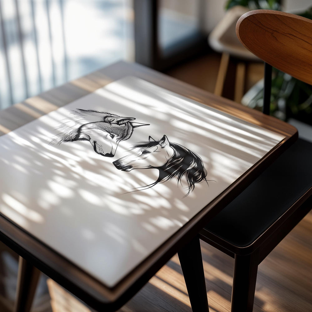 Black and white illustration of two horse heads facing each other on a white background, as a premium aluminum metal print from GoMetalPrint.

