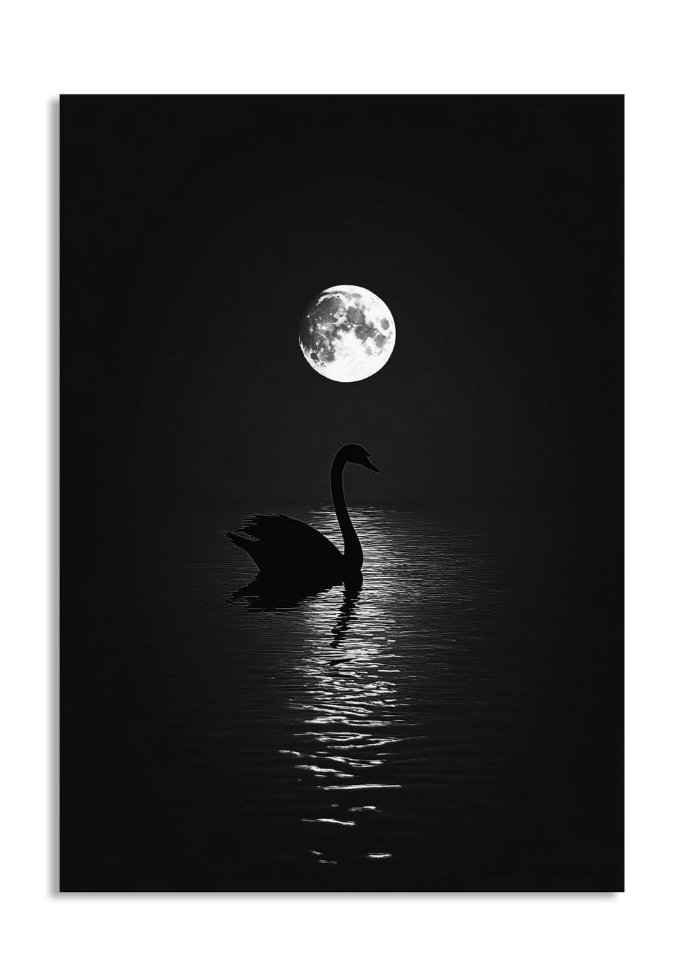 Silhouette of a swan on water with a full moon in the background, as a premium aluminum metal print from GoMetalPrint.
