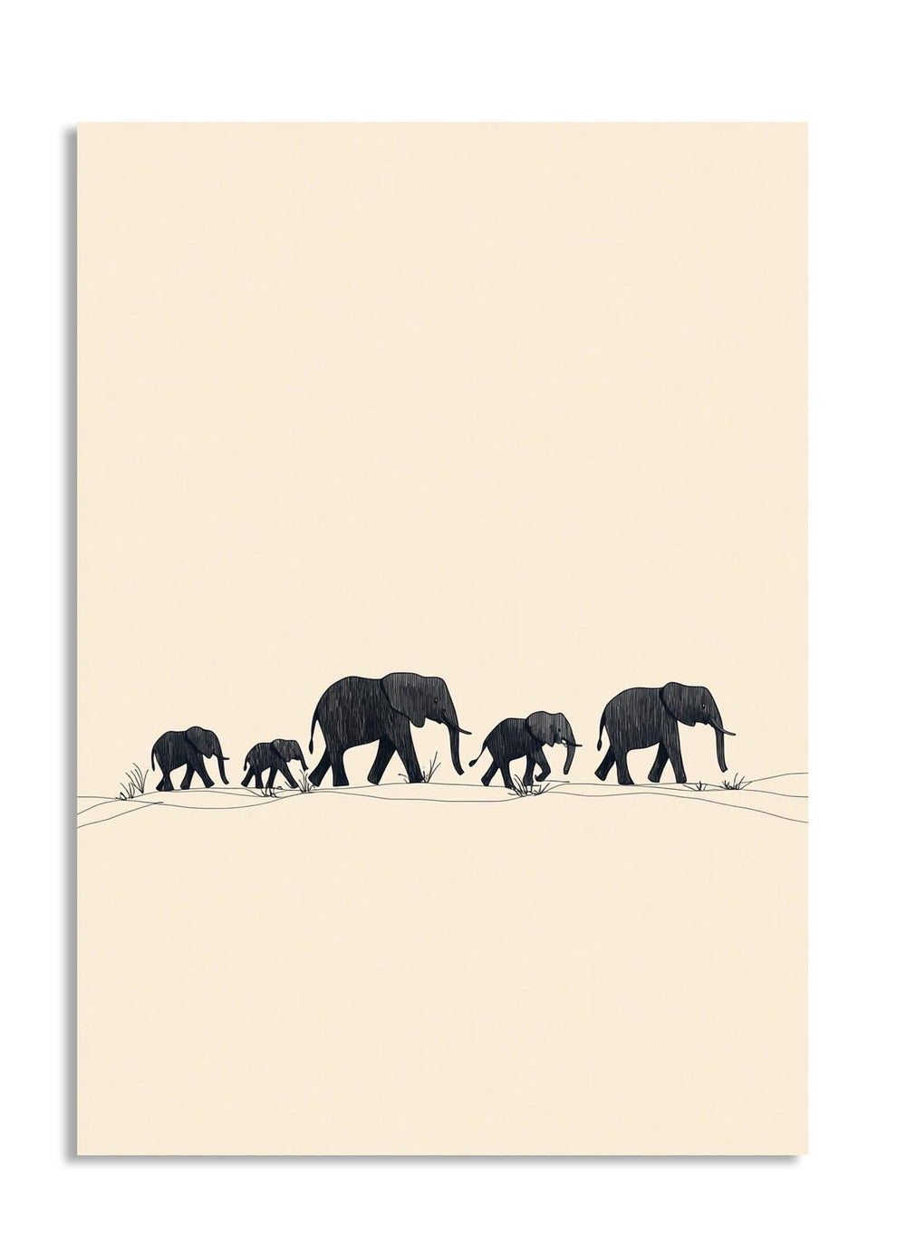 Silhouette of a family of elephants walking together on a beige background, as a premium aluminum metal print from GoMetalPrint.

