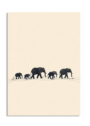 Silhouette of a family of elephants walking together on a beige background, as a premium aluminum metal print from GoMetalPrint.
