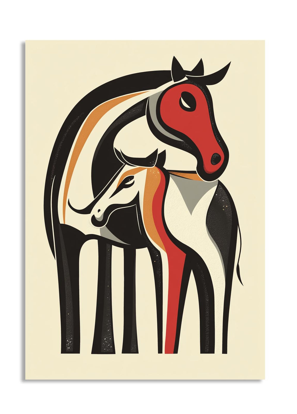 Abstract illustration of two horses on a beige background, as a premium aluminum metal print from GoMetalPrint.

