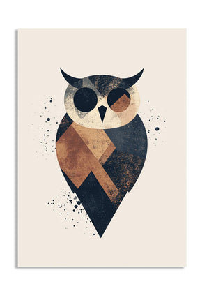 Geometric owl design on a beige background, as a premium aluminum metal print from GoMetalPrint.
