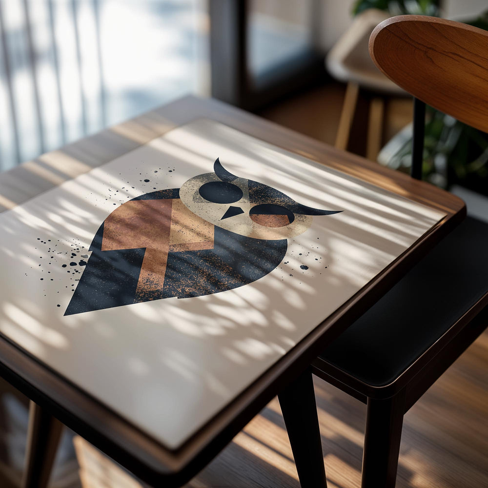 Geometric owl design on a beige background, as a premium aluminum metal print from GoMetalPrint.
