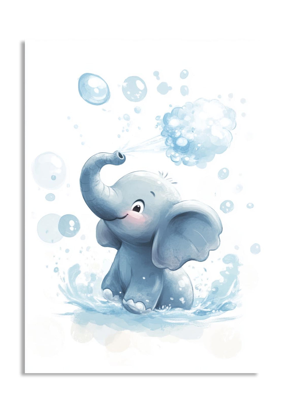 Illustration of a cute elephant surrounded by bubbles on a white background, as a premium aluminum metal print from GoMetalPrint.
