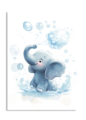 Illustration of a cute elephant surrounded by bubbles on a white background, as a premium aluminum metal print from GoMetalPrint.
