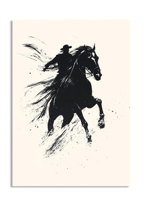 Black silhouette of a cowboy riding a rearing horse on a beige background, as a premium aluminum metal print from GoMetalPrint.
